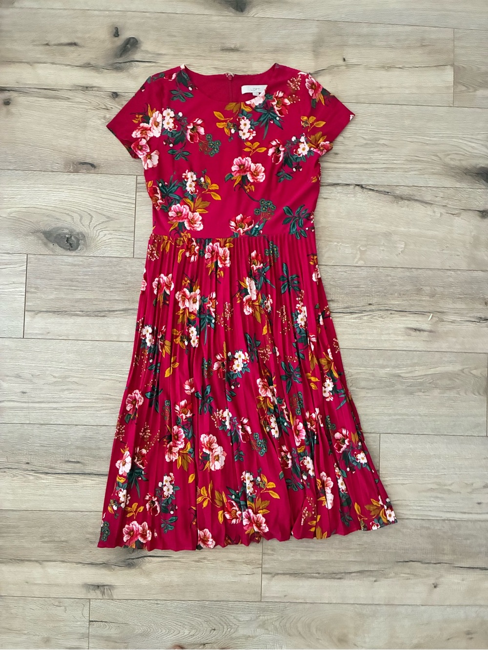 LOFT Fuchsia Pink Floral Pleated Midi Dress